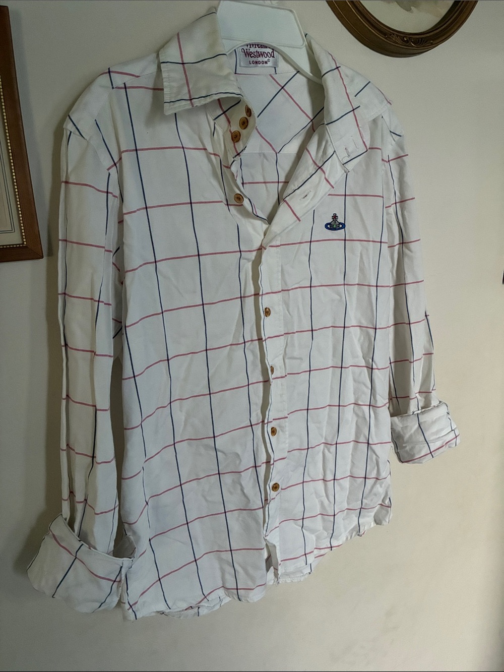 Vivienne Westwood White Button-Down Shirt with Blue and Red Windowpane